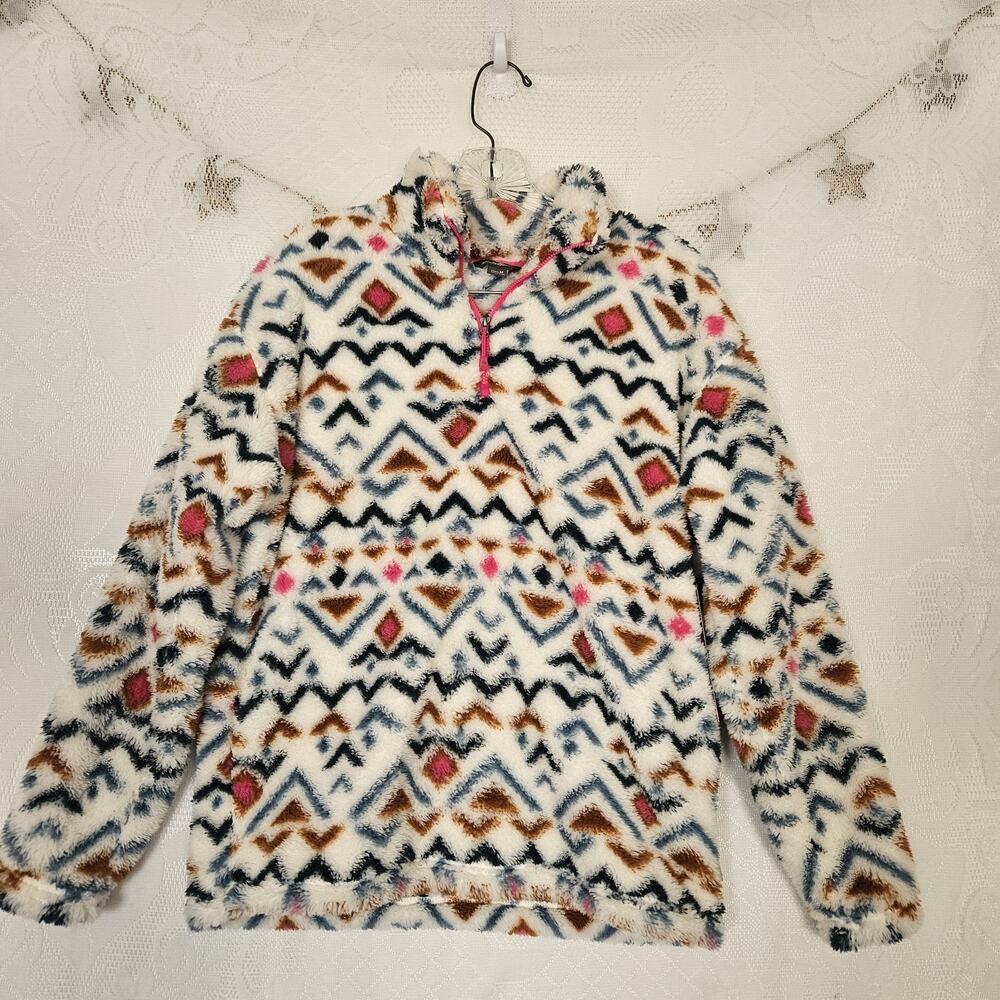 Eddie Bauer Medium Fleece Vanilla Aztec Plush Pullover Top Boho Cozy Western
